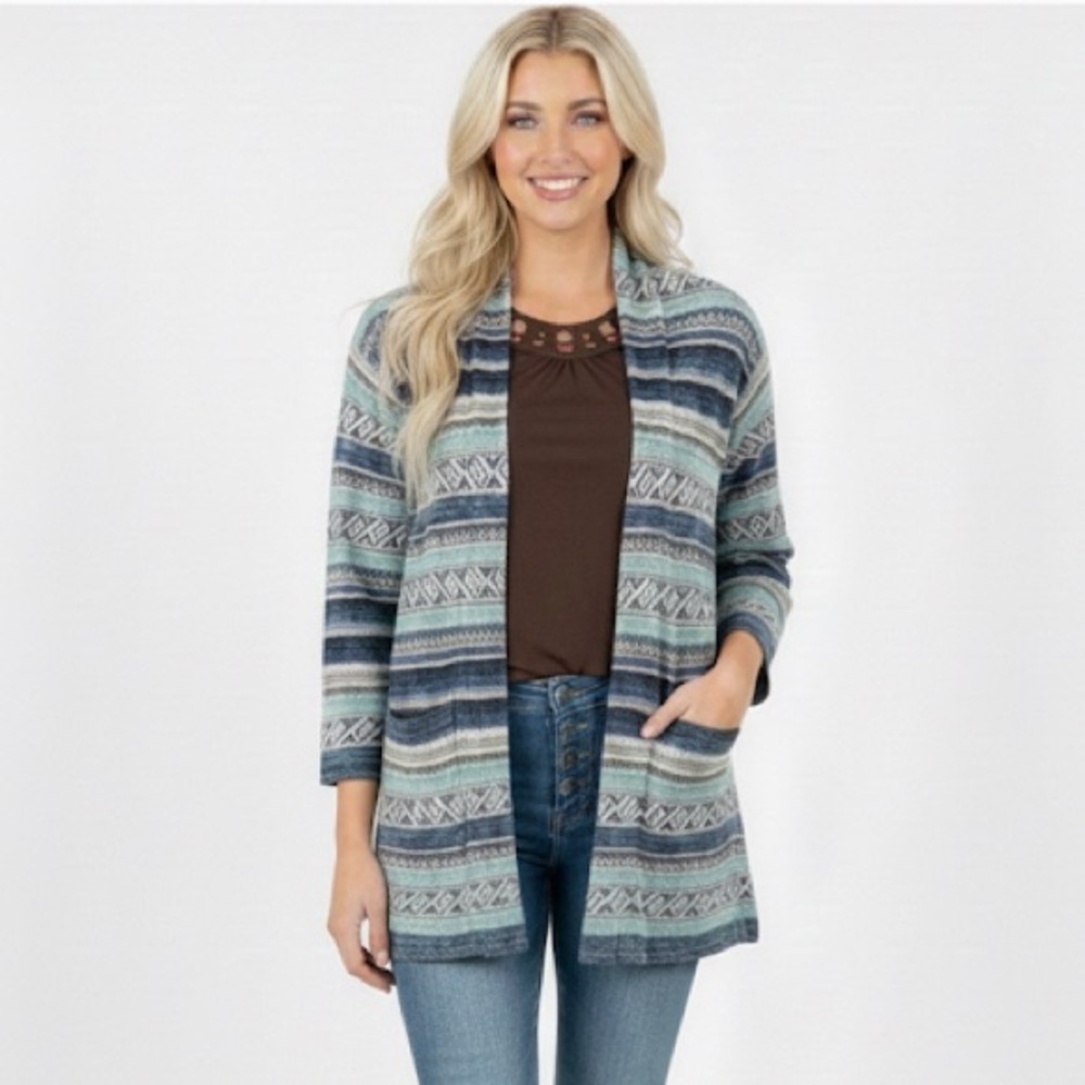 Chaps Blue and green Patterned knit Women's Cardigan size 1X cotton blend fabric